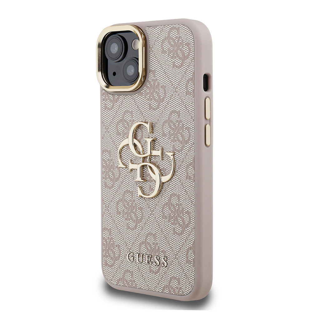 iPhone 15 Kılıf Guess Orijinal Lisanslı PU Deri 4G Desenli Metal Büyük 4G ve Yazı Logolu Kamera Standlı Kılıf