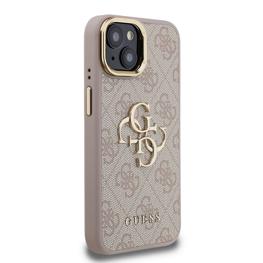 iPhone 15 Kılıf Guess Orijinal Lisanslı PU Deri 4G Desenli Metal Büyük 4G ve Yazı Logolu Kamera Standlı Kılıf