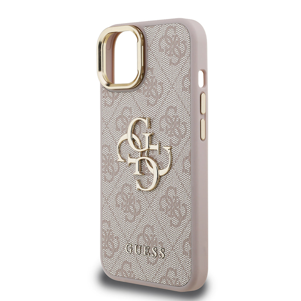 iPhone 15 Kılıf Guess Orijinal Lisanslı PU Deri 4G Desenli Metal Büyük 4G ve Yazı Logolu Kamera Standlı Kılıf