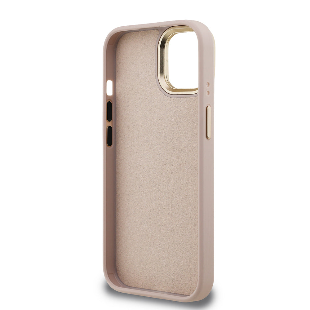 iPhone 15 Kılıf Guess Orijinal Lisanslı PU Deri 4G Desenli Metal Büyük 4G ve Yazı Logolu Kamera Standlı Kılıf