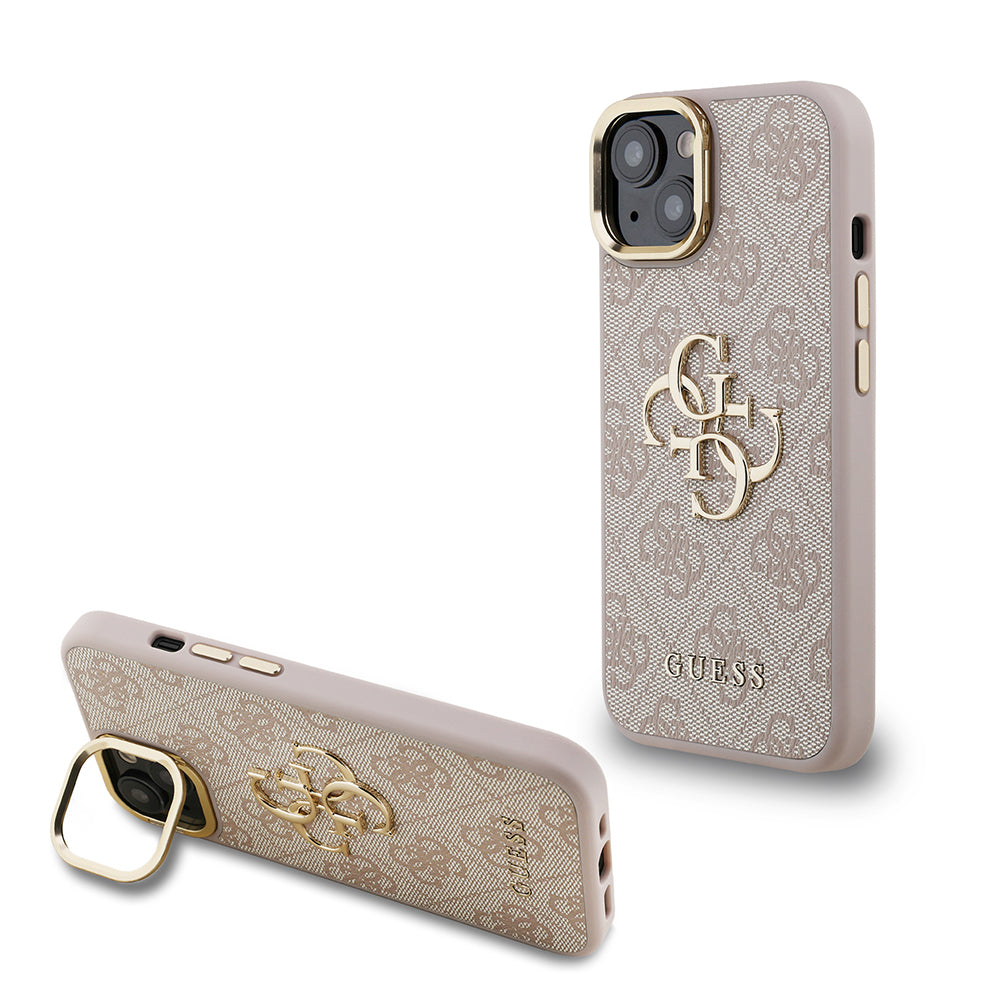 iPhone 15 Kılıf Guess Orijinal Lisanslı PU Deri 4G Desenli Metal Büyük 4G ve Yazı Logolu Kamera Standlı Kılıf