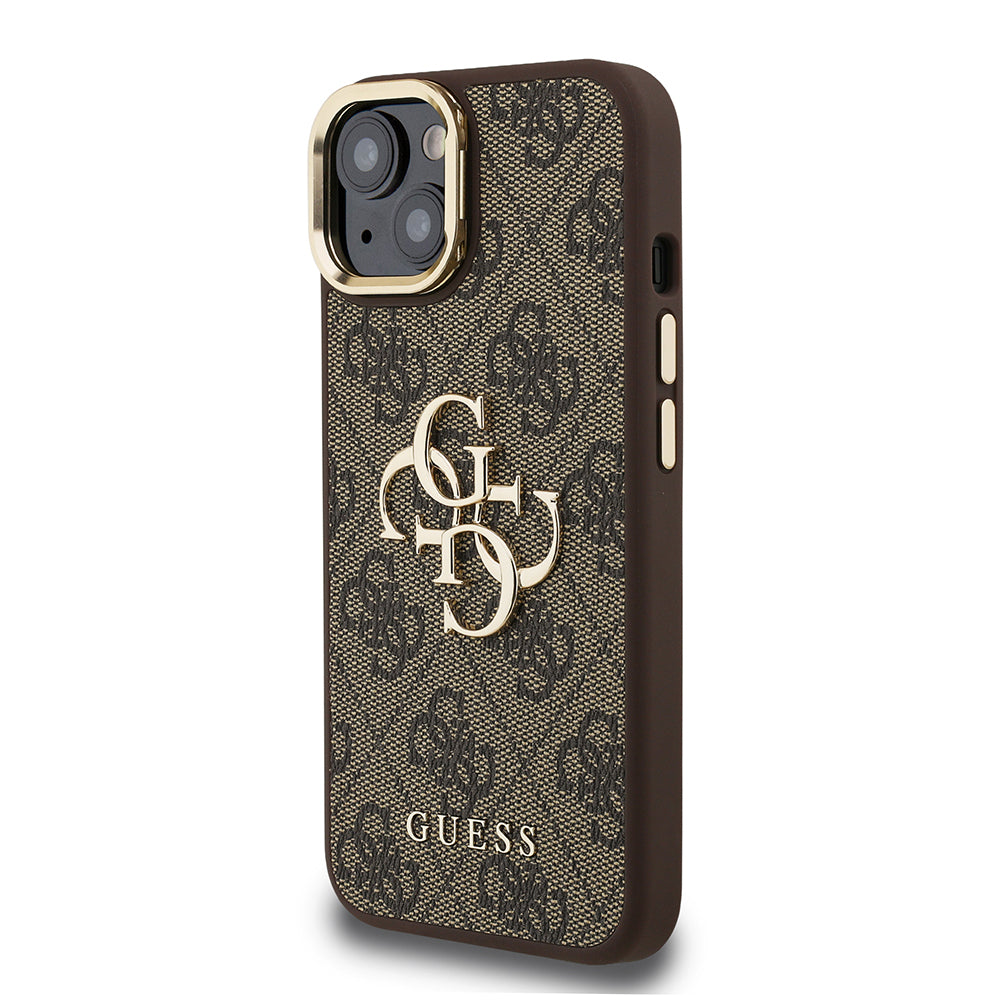 iPhone 15 Kılıf Guess Orijinal Lisanslı PU Deri 4G Desenli Metal Büyük 4G ve Yazı Logolu Kamera Standlı Kılıf