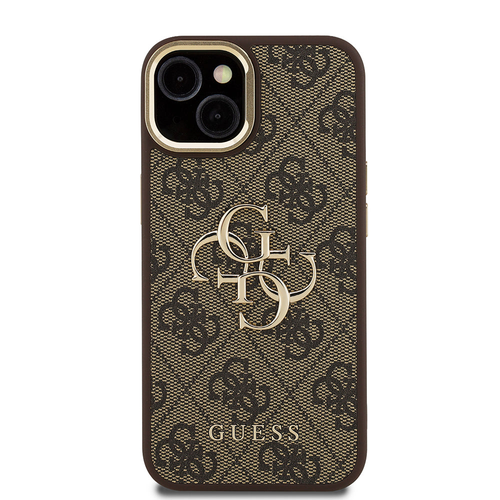 iPhone 15 Kılıf Guess Orijinal Lisanslı PU Deri 4G Desenli Metal Büyük 4G ve Yazı Logolu Kamera Standlı Kılıf