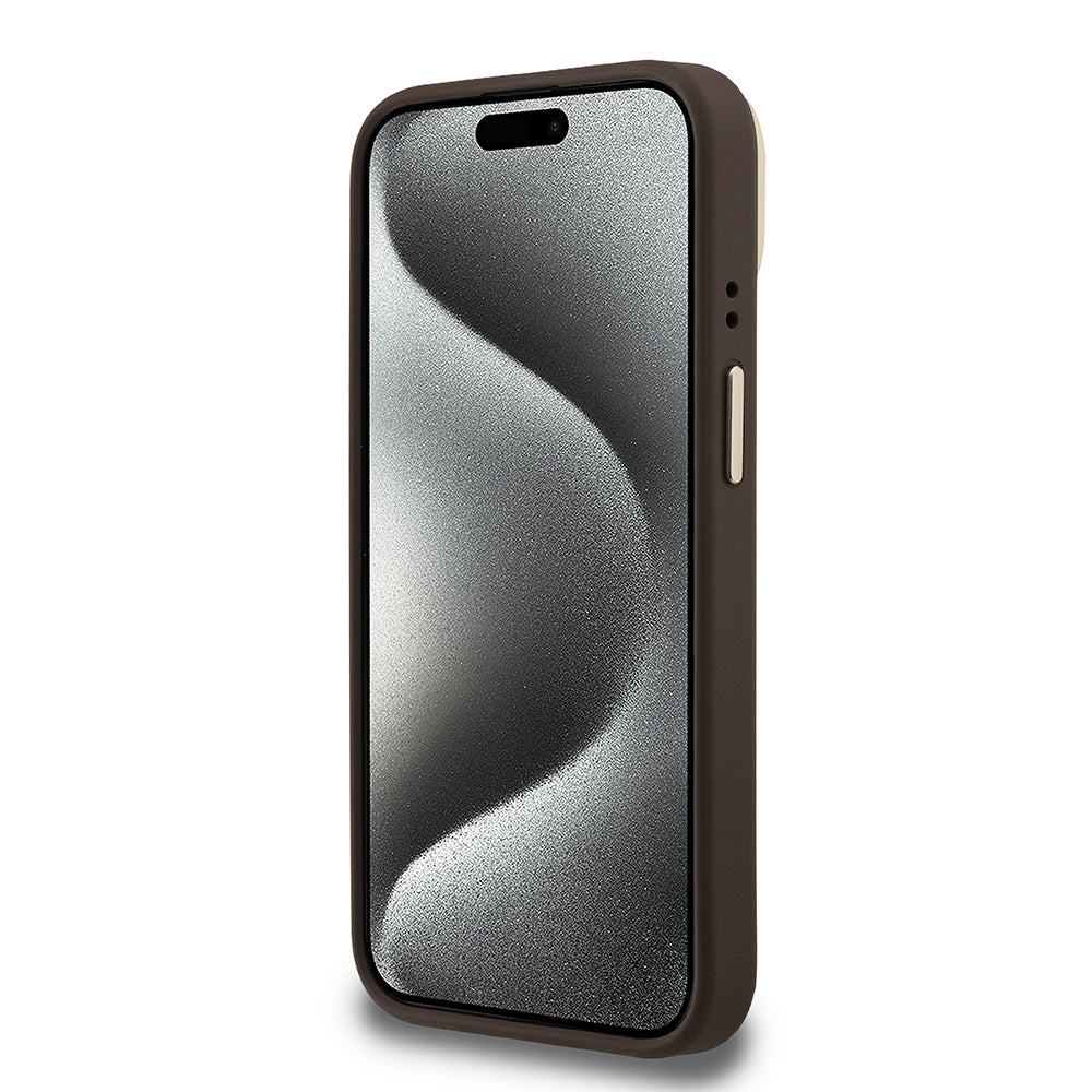 iPhone 15 Kılıf Guess Orijinal Lisanslı PU Deri 4G Desenli Metal Büyük 4G ve Yazı Logolu Kamera Standlı Kılıf