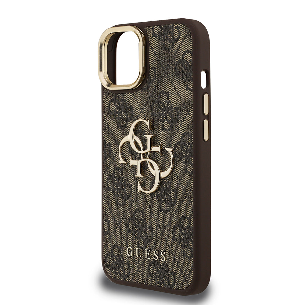 iPhone 15 Kılıf Guess Orijinal Lisanslı PU Deri 4G Desenli Metal Büyük 4G ve Yazı Logolu Kamera Standlı Kılıf