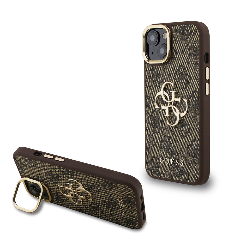 iPhone 15 Kılıf Guess Orijinal Lisanslı PU Deri 4G Desenli Metal Büyük 4G ve Yazı Logolu Kamera Standlı Kılıf