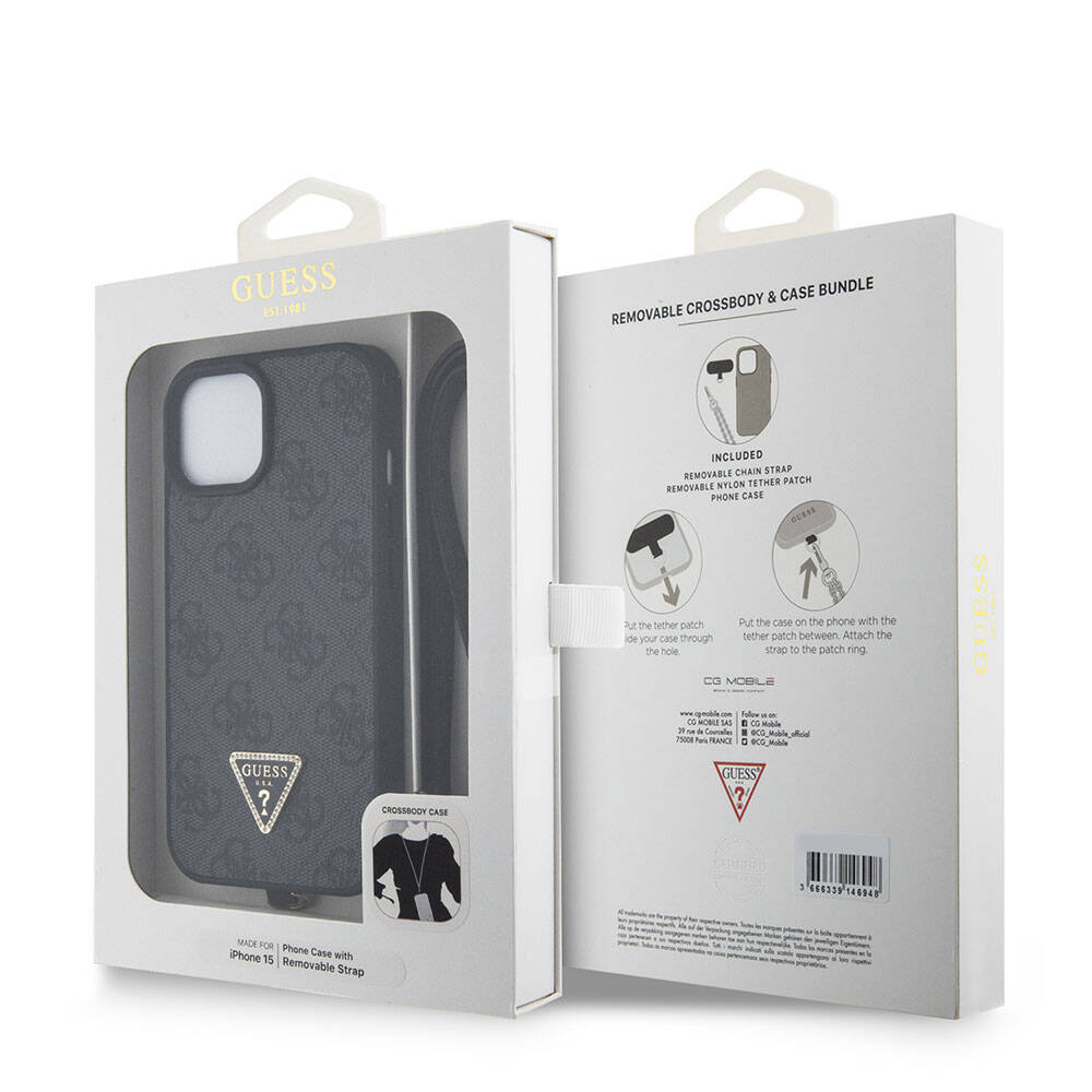 iPhone 15 Kılıf Guess Orijinal Lisanslı PU Deri Askılı Taşlı Üçgen Logo 4G Desenli Strass Crossbody Kılıf