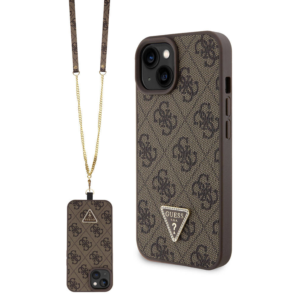 iPhone 15 Kılıf Guess Orijinal Lisanslı PU Deri Askılı Taşlı Üçgen Logo 4G Desenli Strass Crossbody Kılıf