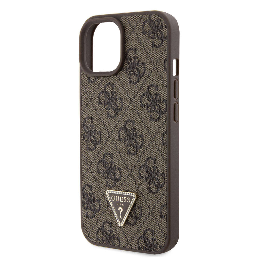 iPhone 15 Kılıf Guess Orijinal Lisanslı PU Deri Askılı Taşlı Üçgen Logo 4G Desenli Strass Crossbody Kılıf