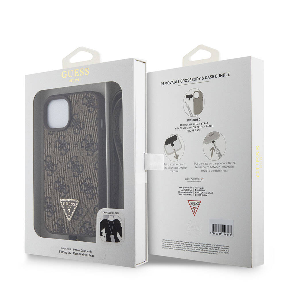 iPhone 15 Kılıf Guess Orijinal Lisanslı PU Deri Askılı Taşlı Üçgen Logo 4G Desenli Strass Crossbody Kılıf