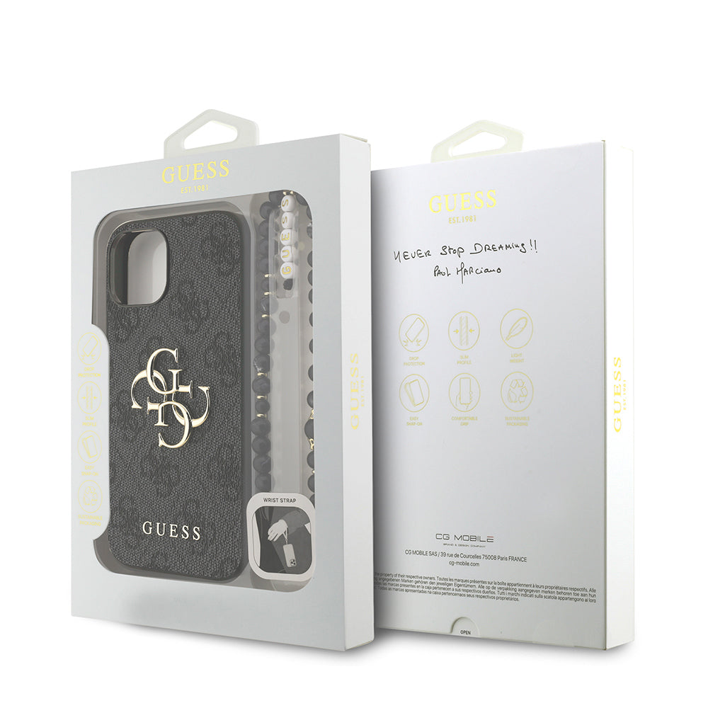 iPhone 15 Kılıf Guess Orijinal Lisanslı PU Deri Bilek Askı İpli Metal Büyük 4G ve Yazı Logolu Kılıf