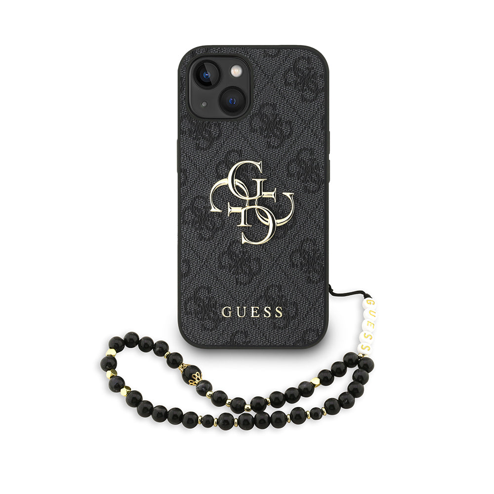 iPhone 15 Kılıf Guess Orijinal Lisanslı PU Deri Bilek Askı İpli Metal Büyük 4G ve Yazı Logolu Kılıf