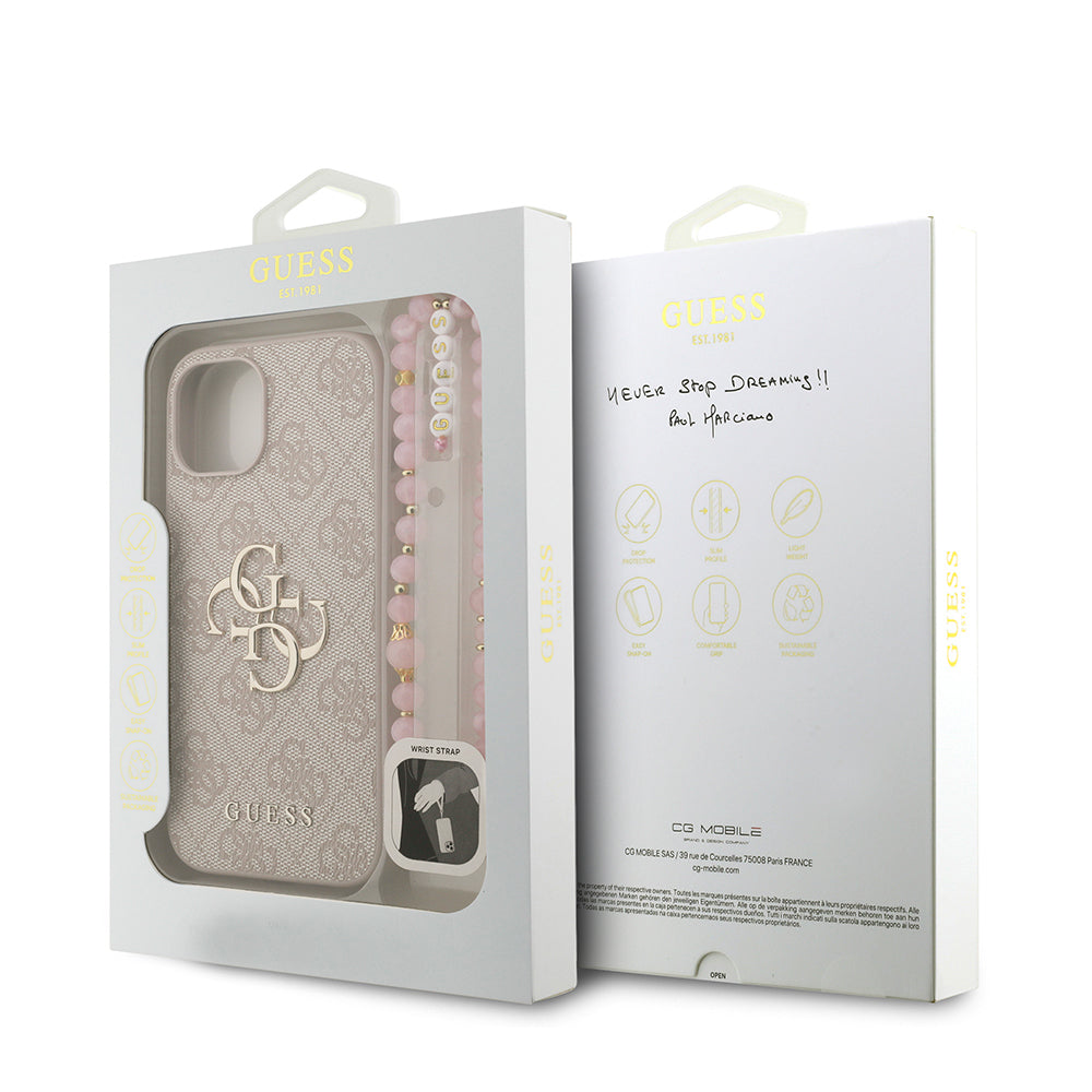 iPhone 15 Kılıf Guess Orijinal Lisanslı PU Deri Bilek Askı İpli Metal Büyük 4G ve Yazı Logolu Kılıf