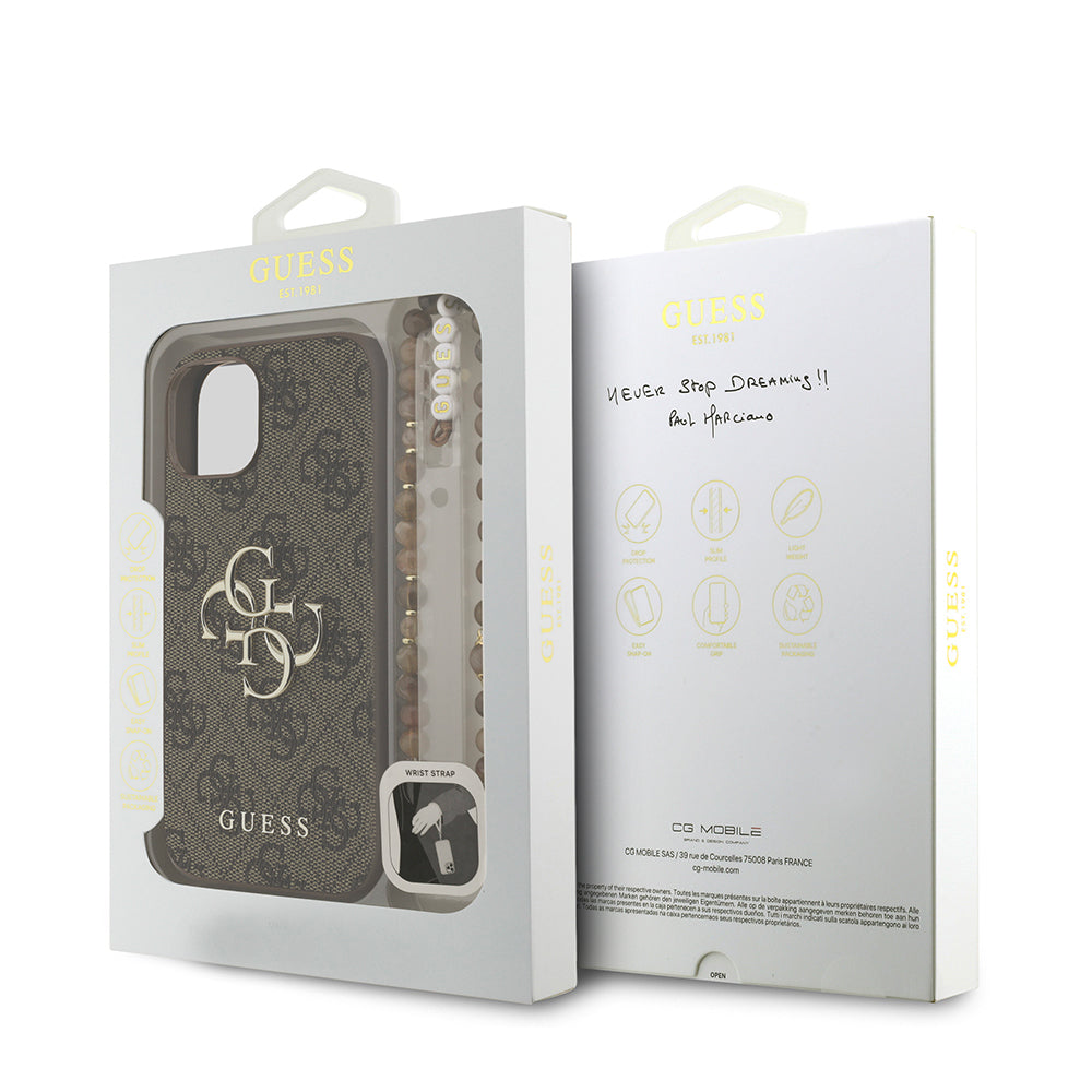iPhone 15 Kılıf Guess Orijinal Lisanslı PU Deri Bilek Askı İpli Metal Büyük 4G ve Yazı Logolu Kılıf
