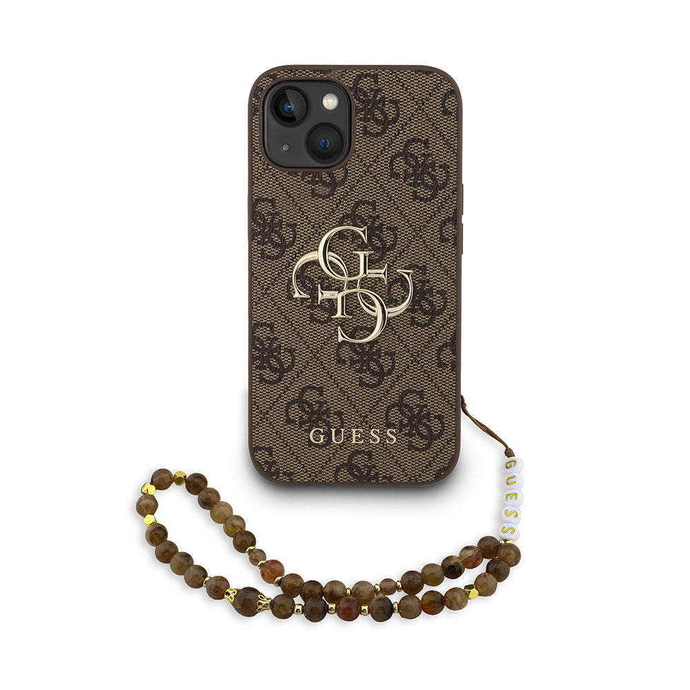 iPhone 15 Kılıf Guess Orijinal Lisanslı PU Deri Bilek Askı İpli Metal Büyük 4G ve Yazı Logolu Kılıf