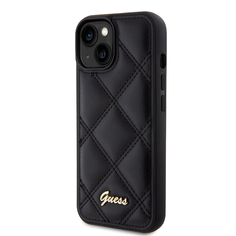 iPhone 15 Kılıf Guess Orijinal Lisanslı PU Deri Metal Yazı Logolu Kapitone Kılıf
