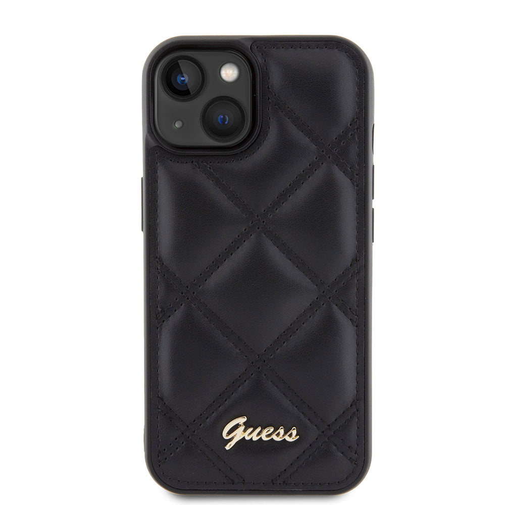 iPhone 15 Kılıf Guess Orijinal Lisanslı PU Deri Metal Yazı Logolu Kapitone Kılıf