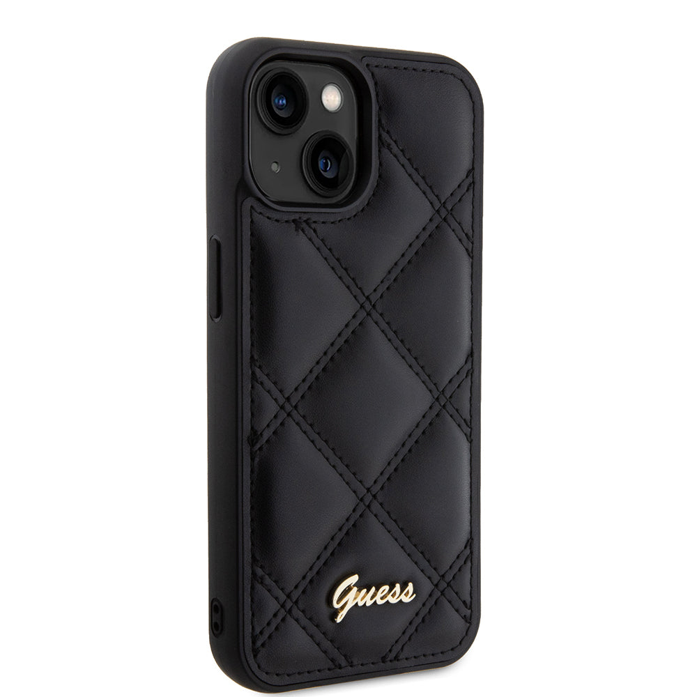 iPhone 15 Kılıf Guess Orijinal Lisanslı PU Deri Metal Yazı Logolu Kapitone Kılıf