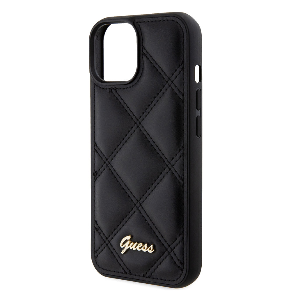 iPhone 15 Kılıf Guess Orijinal Lisanslı PU Deri Metal Yazı Logolu Kapitone Kılıf