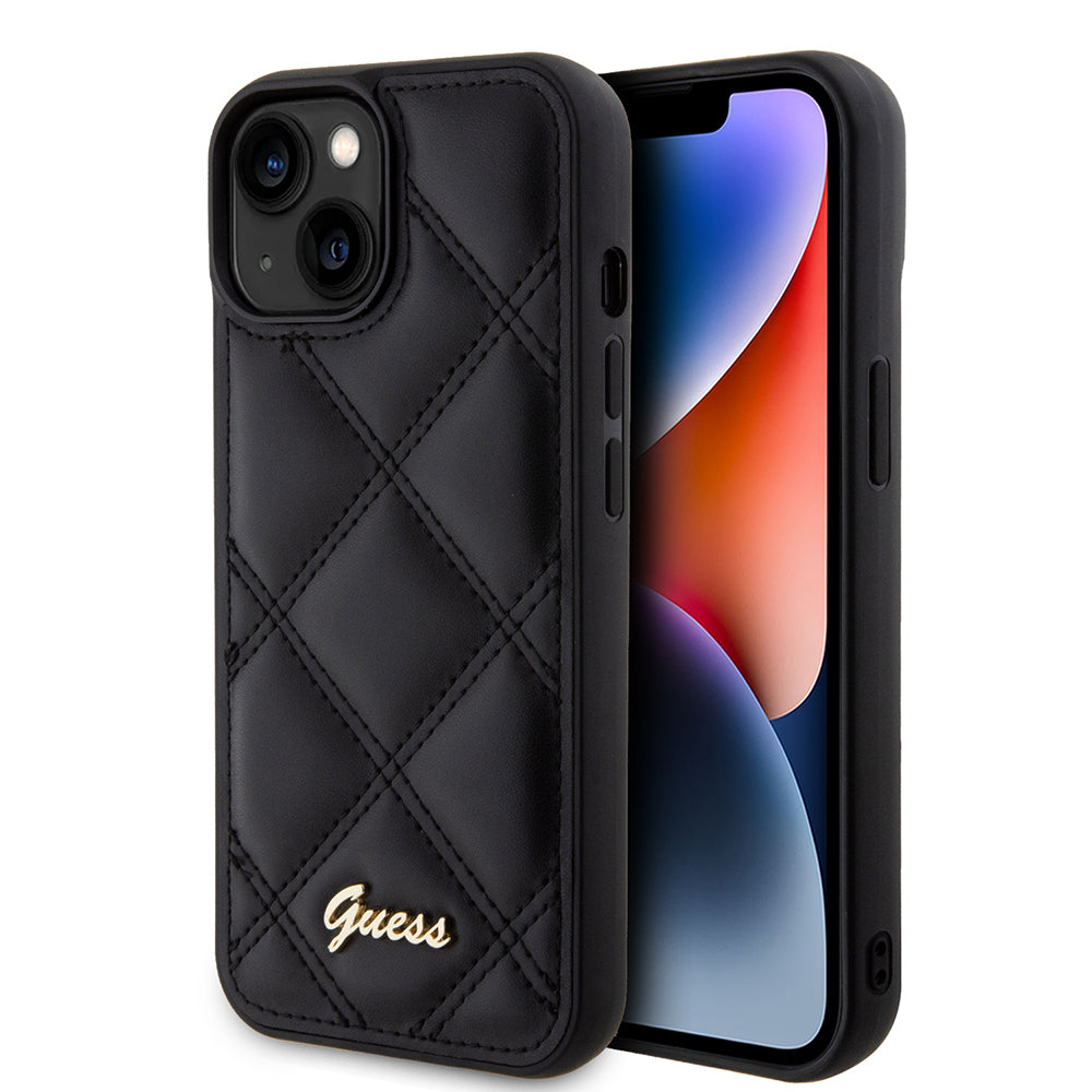 iPhone 15 Kılıf Guess Orijinal Lisanslı PU Deri Metal Yazı Logolu Kapitone Kılıf