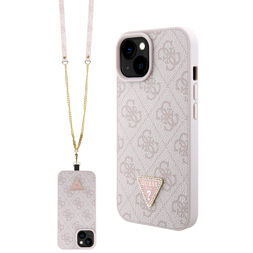 iPhone 15 Kılıf Guess Orijinal Lisanslı PU Deri Taşlı Metal Üçgen Logolu Çapraz Vücut Askılı 4G Desenli Kılıf