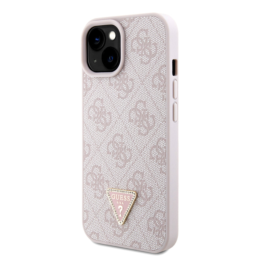iPhone 15 Kılıf Guess Orijinal Lisanslı PU Deri Taşlı Metal Üçgen Logolu Çapraz Vücut Askılı 4G Desenli Kılıf
