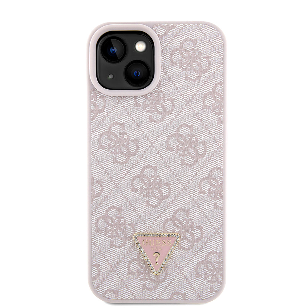 iPhone 15 Kılıf Guess Orijinal Lisanslı PU Deri Taşlı Metal Üçgen Logolu Çapraz Vücut Askılı 4G Desenli Kılıf