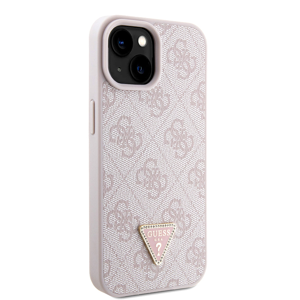 iPhone 15 Kılıf Guess Orijinal Lisanslı PU Deri Taşlı Metal Üçgen Logolu Çapraz Vücut Askılı 4G Desenli Kılıf