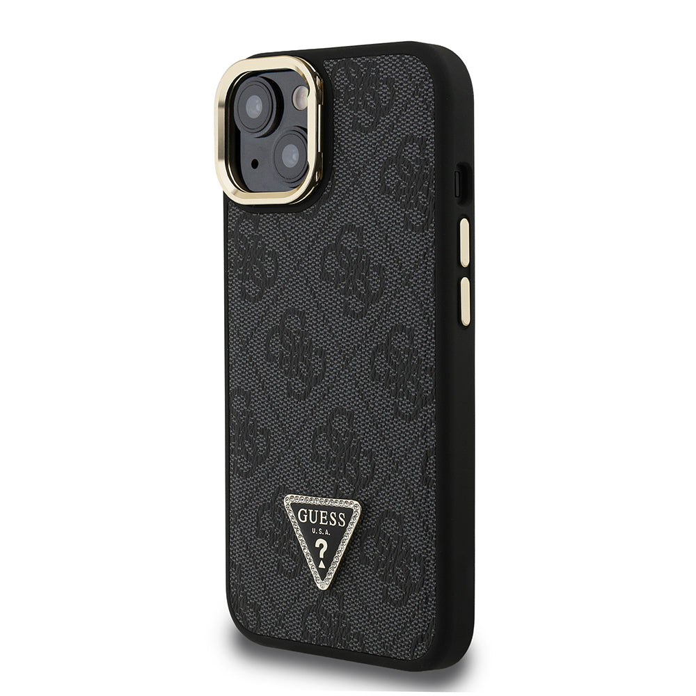 iPhone 15 Kılıf Guess Orijinal Lisanslı PU Deri Taşlı Üçgen Logo 4G Desenli Kamera Standlı Kılıf