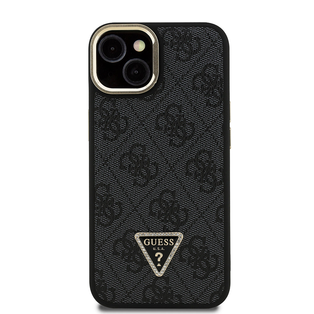 iPhone 15 Kılıf Guess Orijinal Lisanslı PU Deri Taşlı Üçgen Logo 4G Desenli Kamera Standlı Kılıf