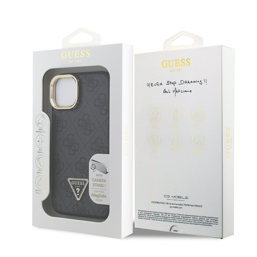 iPhone 15 Kılıf Guess Orijinal Lisanslı PU Deri Taşlı Üçgen Logo 4G Desenli Kamera Standlı Kılıf