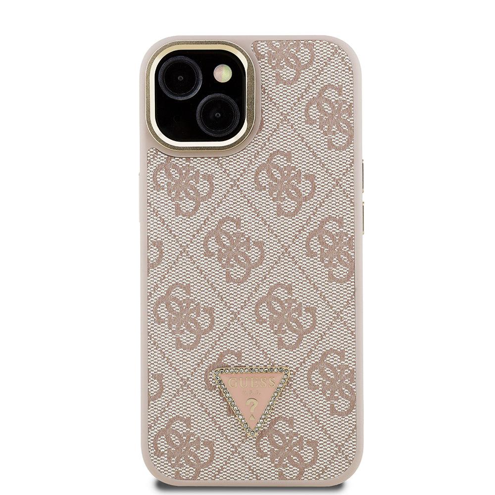iPhone 15 Kılıf Guess Orijinal Lisanslı PU Deri Taşlı Üçgen Logo 4G Desenli Kamera Standlı Kılıf