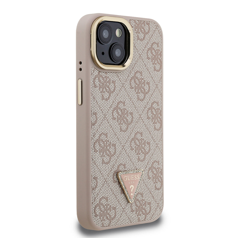 iPhone 15 Kılıf Guess Orijinal Lisanslı PU Deri Taşlı Üçgen Logo 4G Desenli Kamera Standlı Kılıf