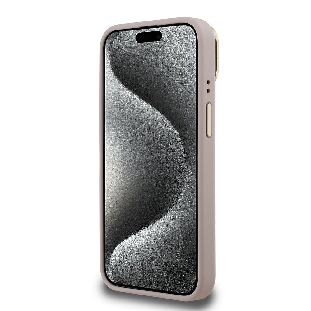 iPhone 15 Kılıf Guess Orijinal Lisanslı PU Deri Taşlı Üçgen Logo 4G Desenli Kamera Standlı Kılıf