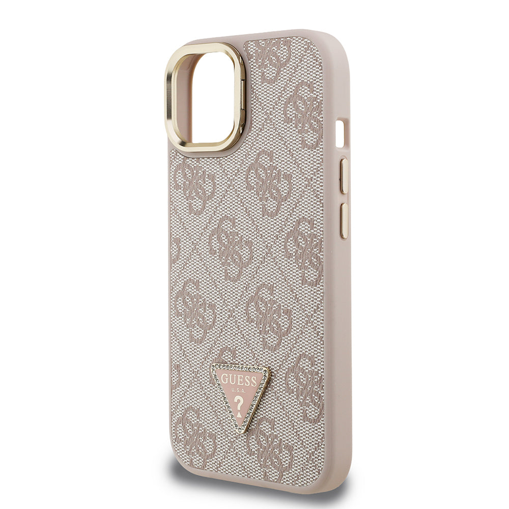 iPhone 15 Kılıf Guess Orijinal Lisanslı PU Deri Taşlı Üçgen Logo 4G Desenli Kamera Standlı Kılıf