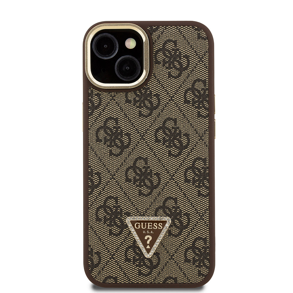 iPhone 15 Kılıf Guess Orijinal Lisanslı PU Deri Taşlı Üçgen Logo 4G Desenli Kamera Standlı Kılıf