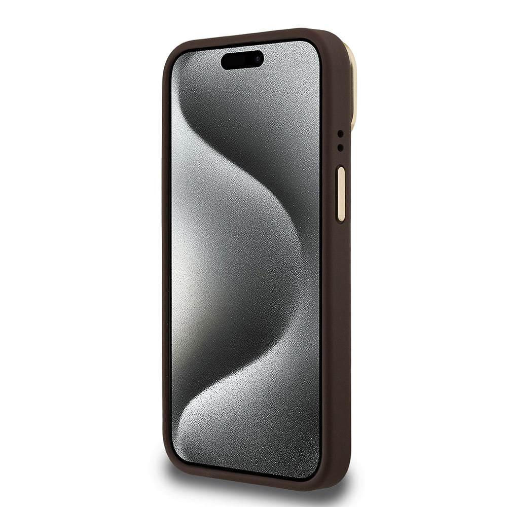 iPhone 15 Kılıf Guess Orijinal Lisanslı PU Deri Taşlı Üçgen Logo 4G Desenli Kamera Standlı Kılıf