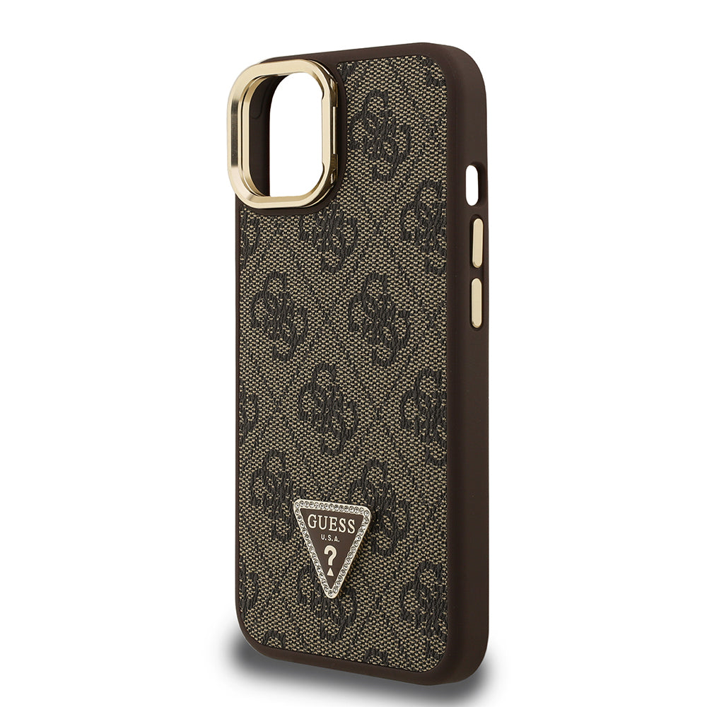 iPhone 15 Kılıf Guess Orijinal Lisanslı PU Deri Taşlı Üçgen Logo 4G Desenli Kamera Standlı Kılıf