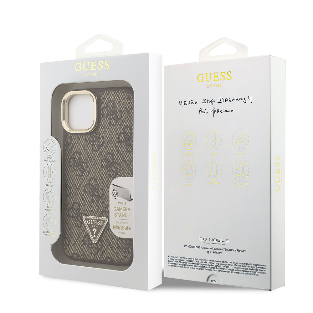 iPhone 15 Kılıf Guess Orijinal Lisanslı PU Deri Taşlı Üçgen Logo 4G Desenli Kamera Standlı Kılıf