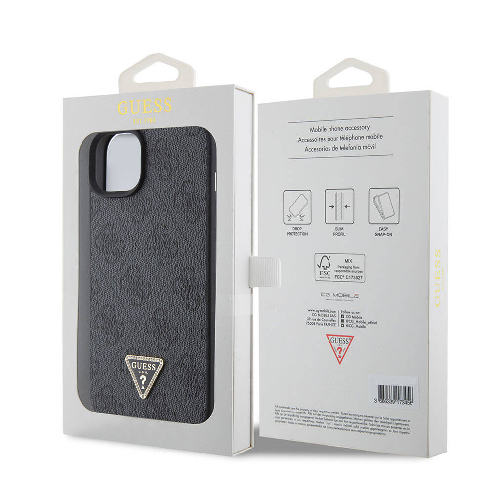 iPhone 15 Kılıf Guess Orijinal Lisanslı PU Deri Taşlı Üçgen Logo 4G Desenli Strass Kılıf