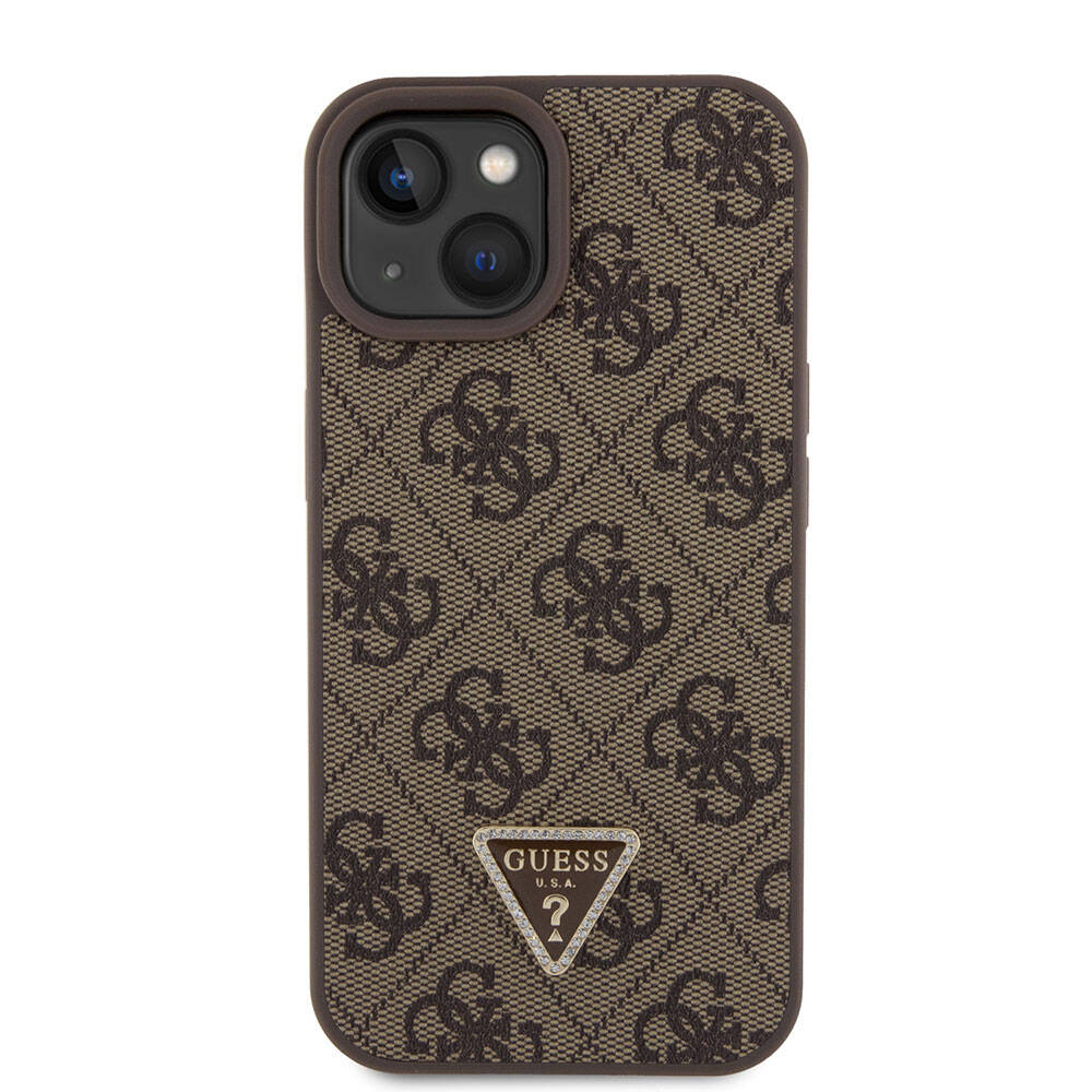 iPhone 15 Kılıf Guess Orijinal Lisanslı PU Deri Taşlı Üçgen Logo 4G Desenli Strass Kılıf