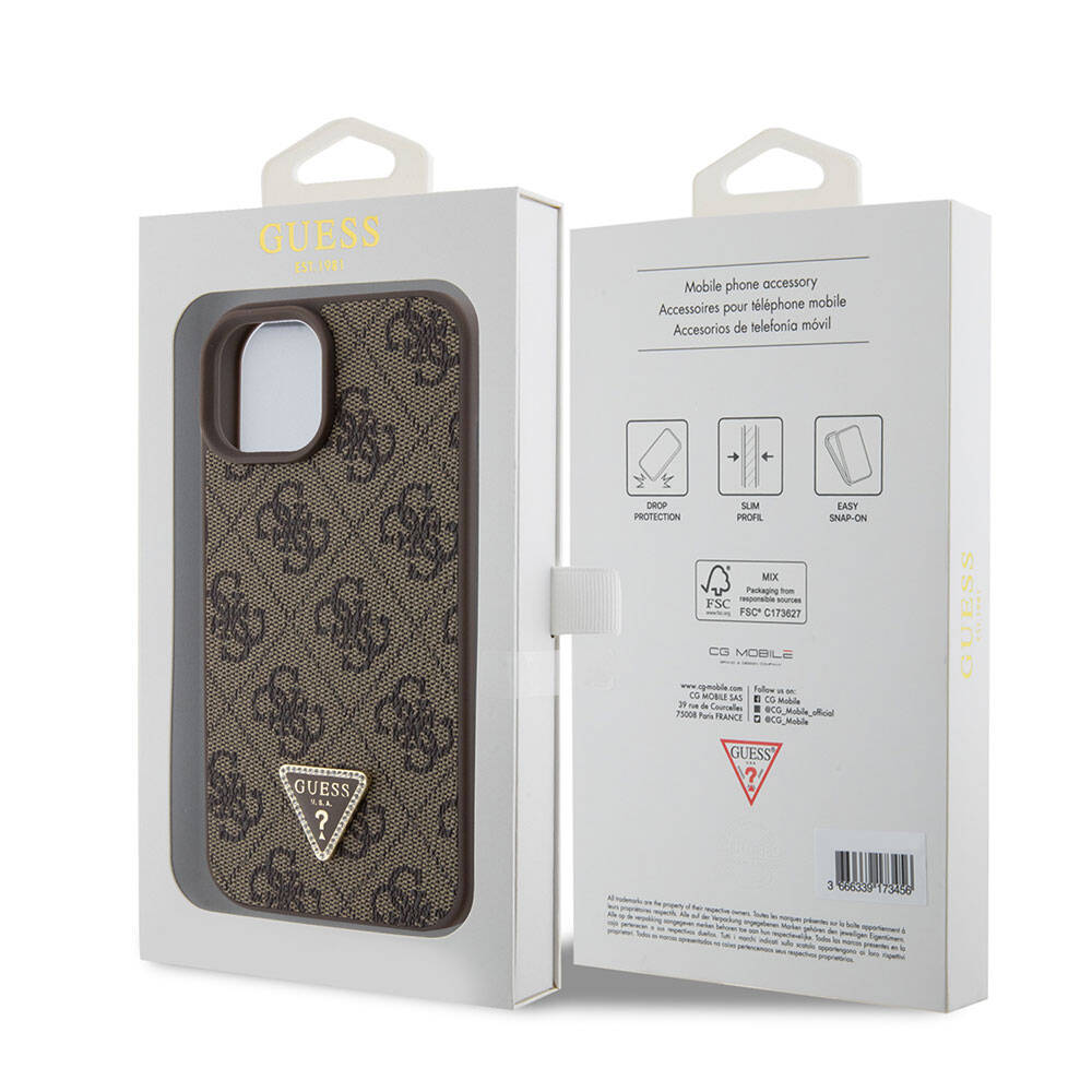iPhone 15 Kılıf Guess Orijinal Lisanslı PU Deri Taşlı Üçgen Logo 4G Desenli Strass Kılıf