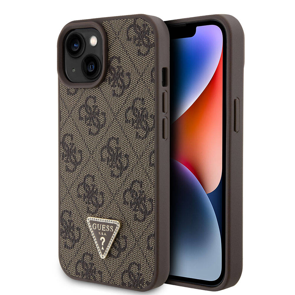 iPhone 15 Kılıf Guess Orijinal Lisanslı PU Deri Taşlı Üçgen Logo 4G Desenli Strass Kılıf