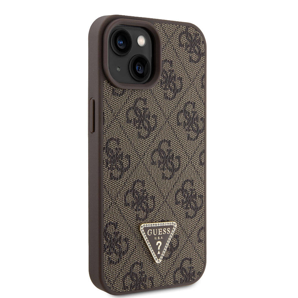 iPhone 15 Kılıf Guess Orijinal Lisanslı PU Deri Taşlı Üçgen Logo 4G Desenli Strass Kılıf