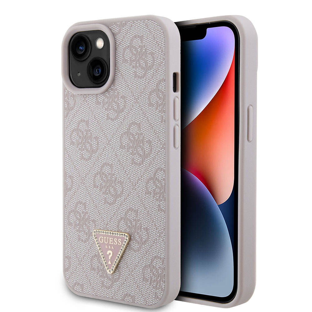 iPhone 15 Kılıf Guess Orijinal Lisanslı PU Deri Taşlı Üçgen Logo 4G Desenli Strass Kılıf