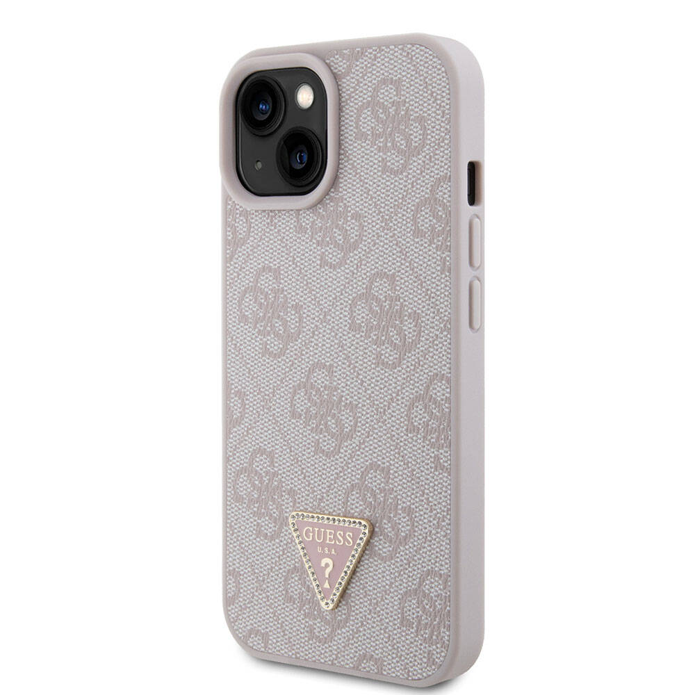 iPhone 15 Kılıf Guess Orijinal Lisanslı PU Deri Taşlı Üçgen Logo 4G Desenli Strass Kılıf
