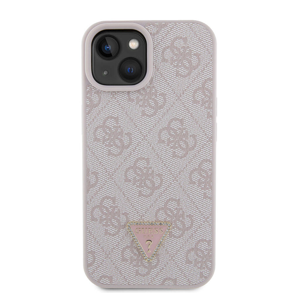 iPhone 15 Kılıf Guess Orijinal Lisanslı PU Deri Taşlı Üçgen Logo 4G Desenli Strass Kılıf