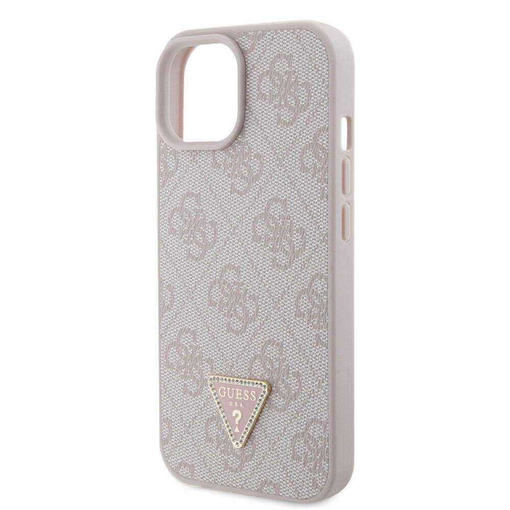 iPhone 15 Kılıf Guess Orijinal Lisanslı PU Deri Taşlı Üçgen Logo 4G Desenli Strass Kılıf
