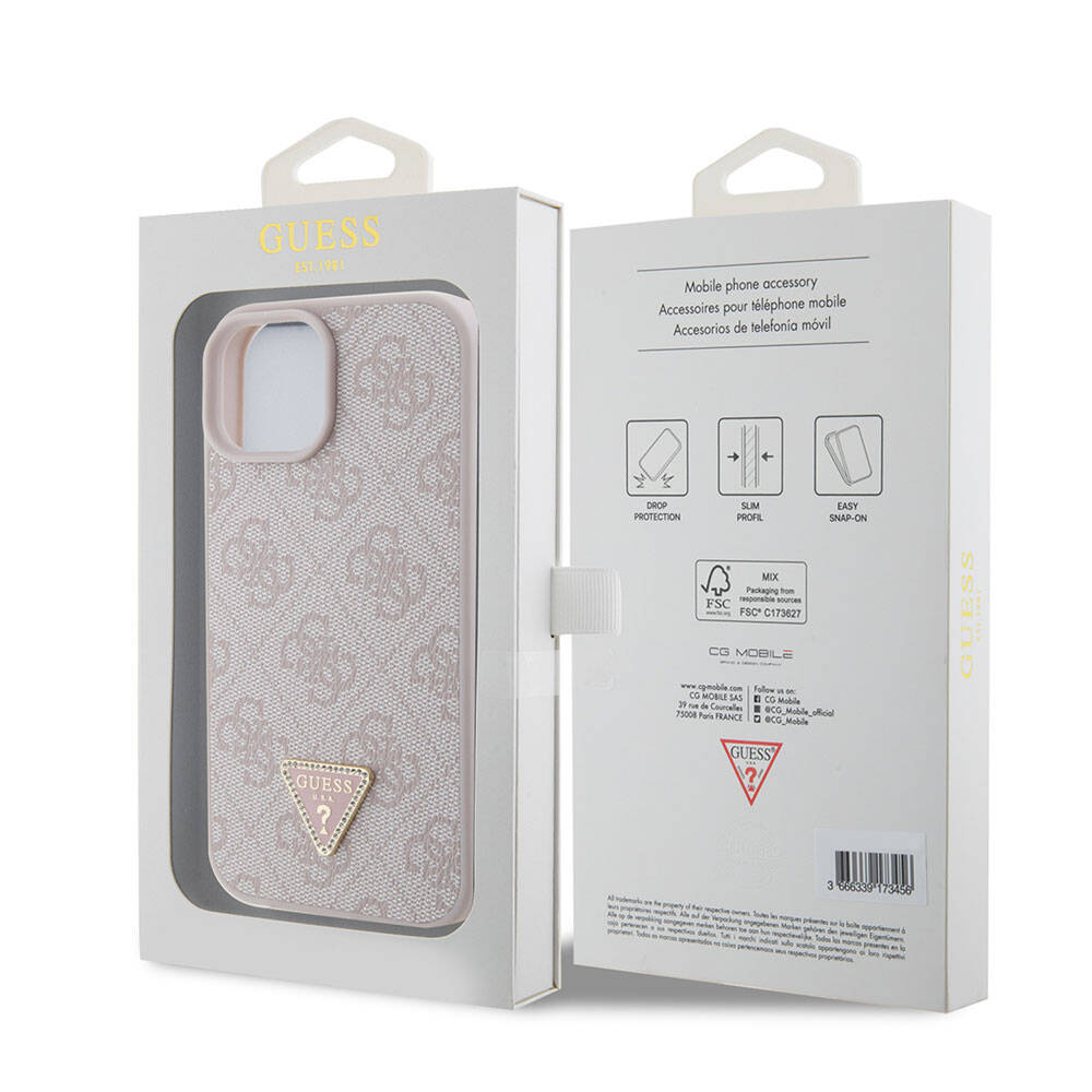 iPhone 15 Kılıf Guess Orijinal Lisanslı PU Deri Taşlı Üçgen Logo 4G Desenli Strass Kılıf