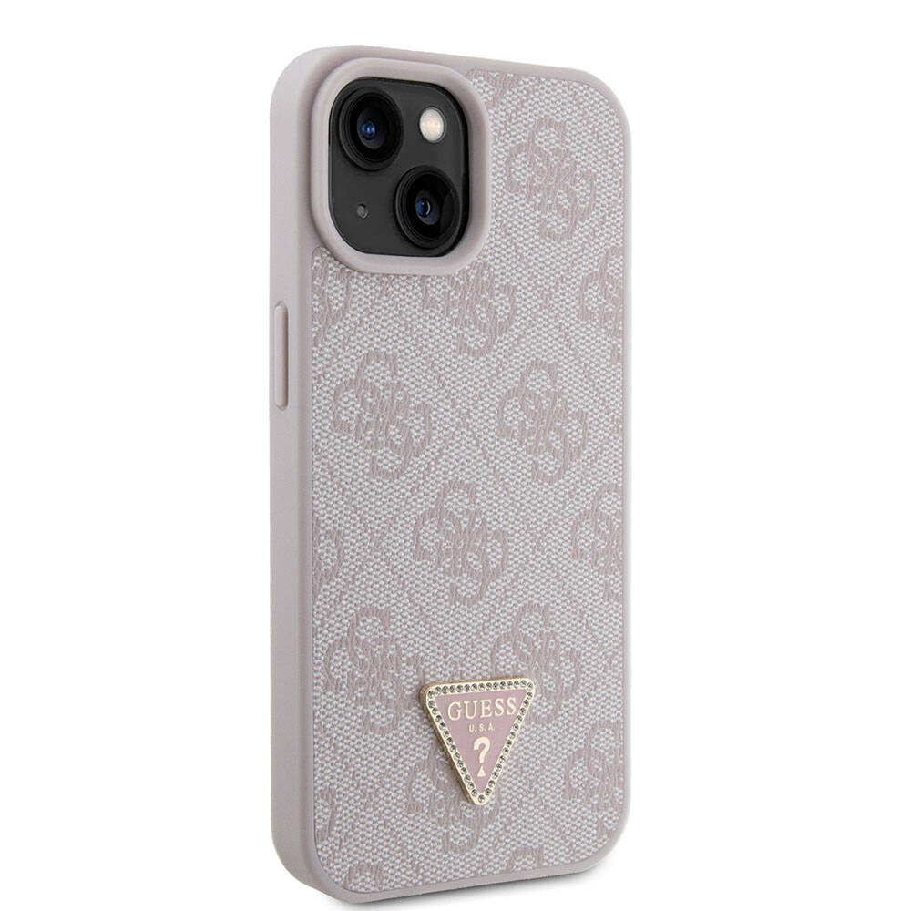 iPhone 15 Kılıf Guess Orijinal Lisanslı PU Deri Taşlı Üçgen Logo 4G Desenli Strass Kılıf